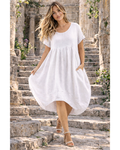 Plain Linen Quirky Lagenlook Midi Swing Dress (White)