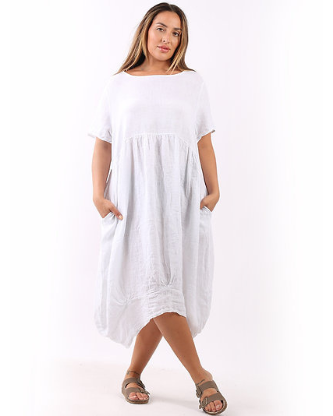 Plain Linen Quirky Lagenlook Midi Swing Dress (White)