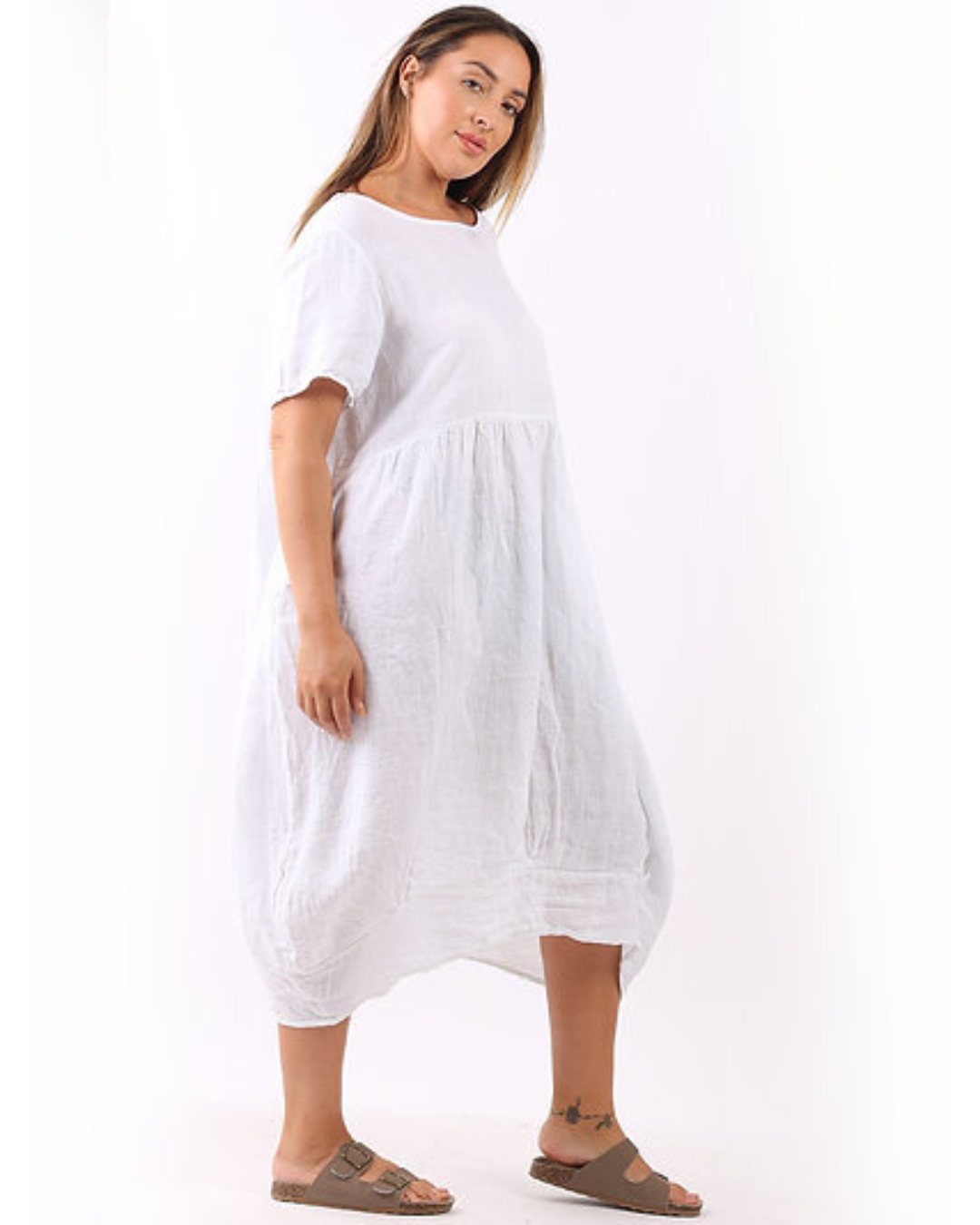 Plain Linen Quirky Lagenlook Midi Swing Dress (White)