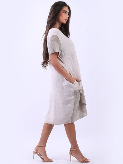 LILLIANO - Made In Italy Plain Linen Mesh Net Lagenlook Midi Quirky Dress