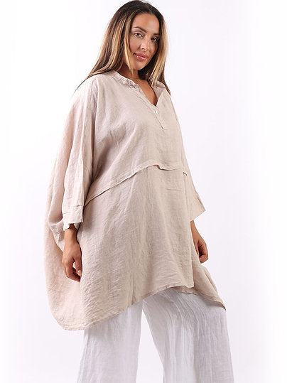LILLIANO - Made In Italy Plain Linen Plus Size Batwing Lagenlook Top