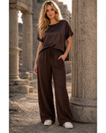 Made In Italy Plain Wide Leg Linen Palazzo Pant (Chocolate)