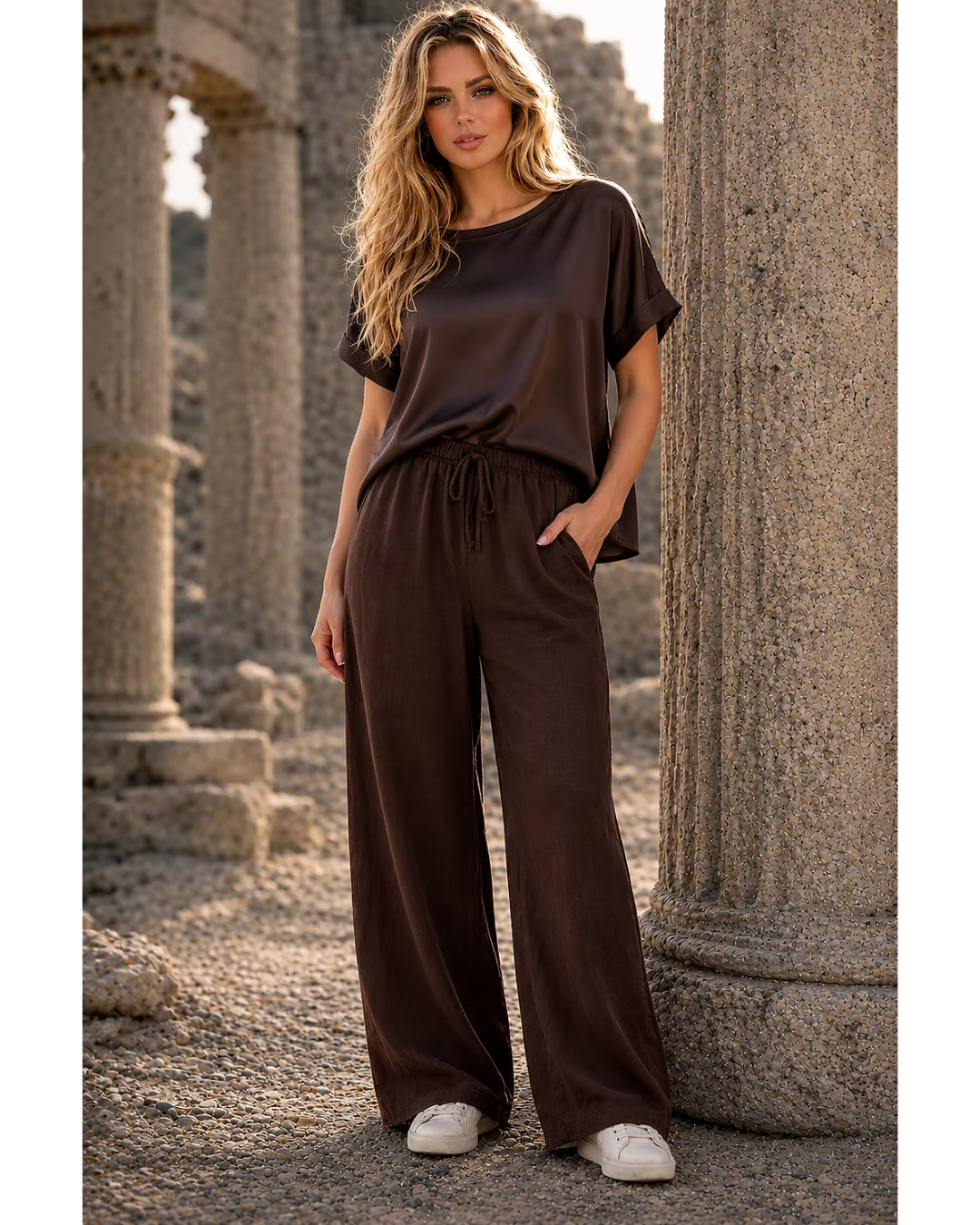 Made In Italy Plain Wide Leg Linen Palazzo Pant (Chocolate)