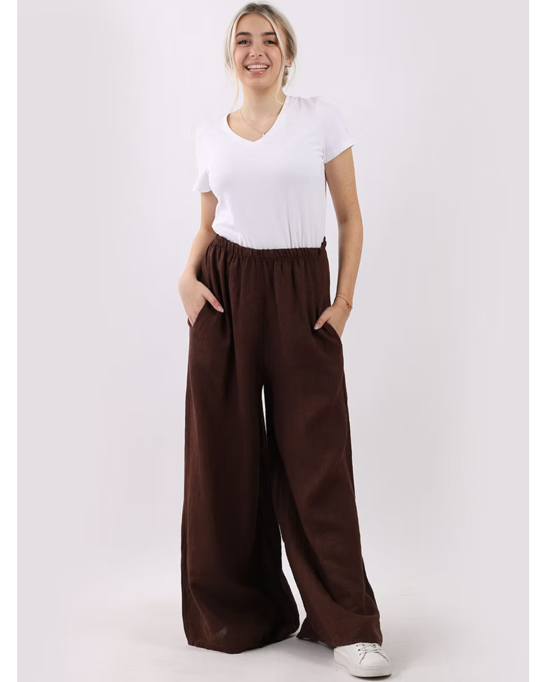 Made In Italy Plain Wide Leg Linen Palazzo Pant (Chocolate)