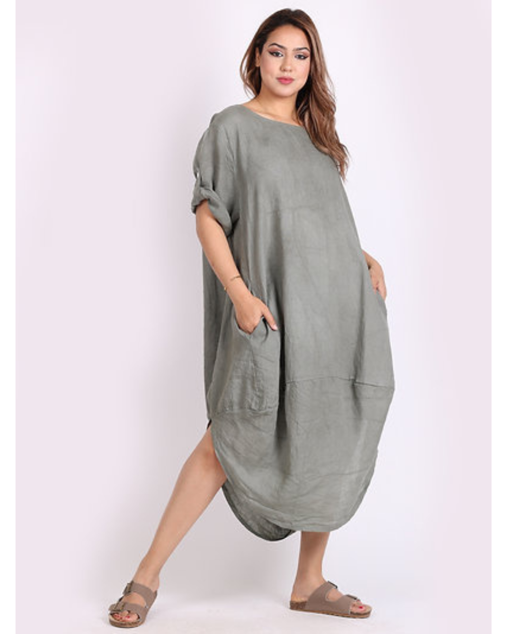 Plus Size Made Plain Linen Lagenlook Dress (Khaki)