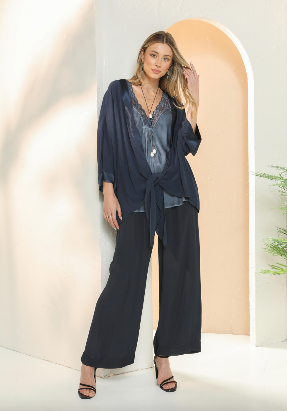 Viscose Pants With Satin Trim and Woven Waistband (Indigo)