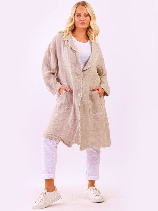 Italian Linen Raw Edge Long Button Jacket (Pink)