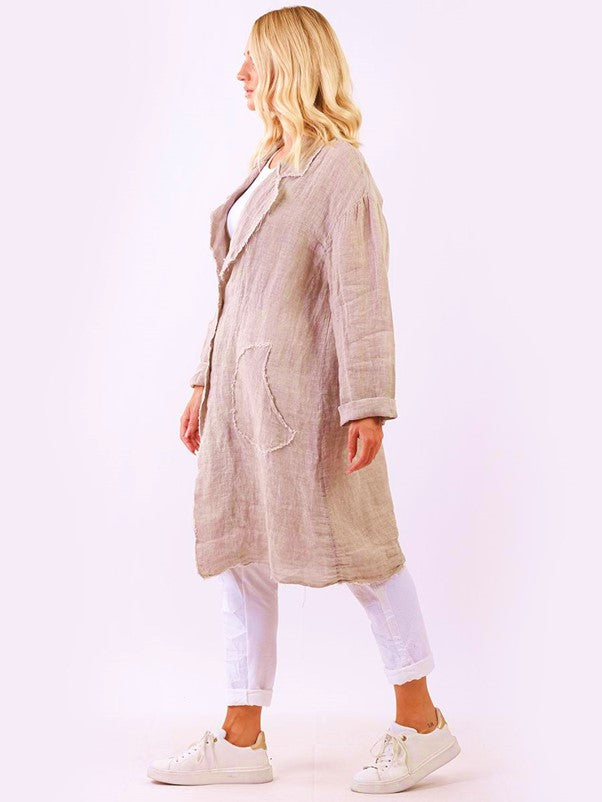 Italian Linen Raw Edge Long Button Jacket (Pink)