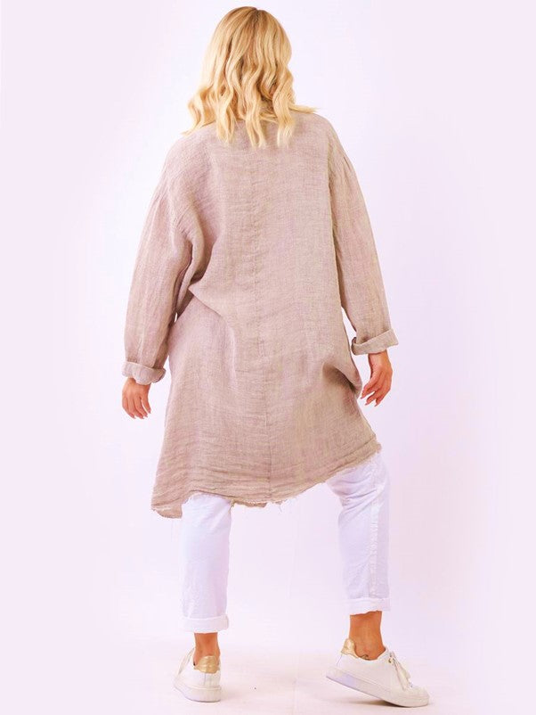 Italian Linen Raw Edge Long Button Jacket (Pink)