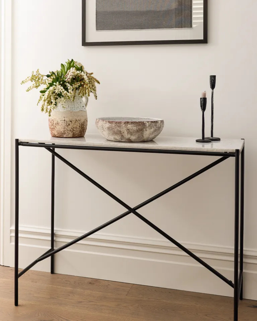 Calypso Cross Bar Iron & Marble Console
