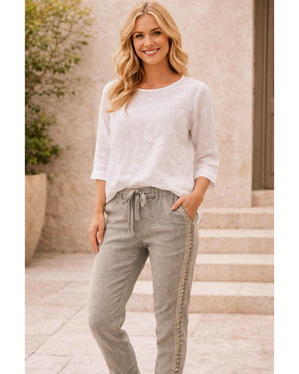 Italian Lace trim Magic Pants (Washed Light Khaki) OS