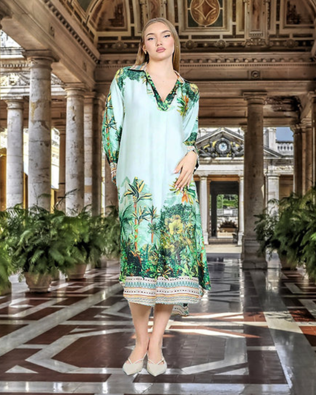 Italian Floral tropical v-neck dress (Green) OS