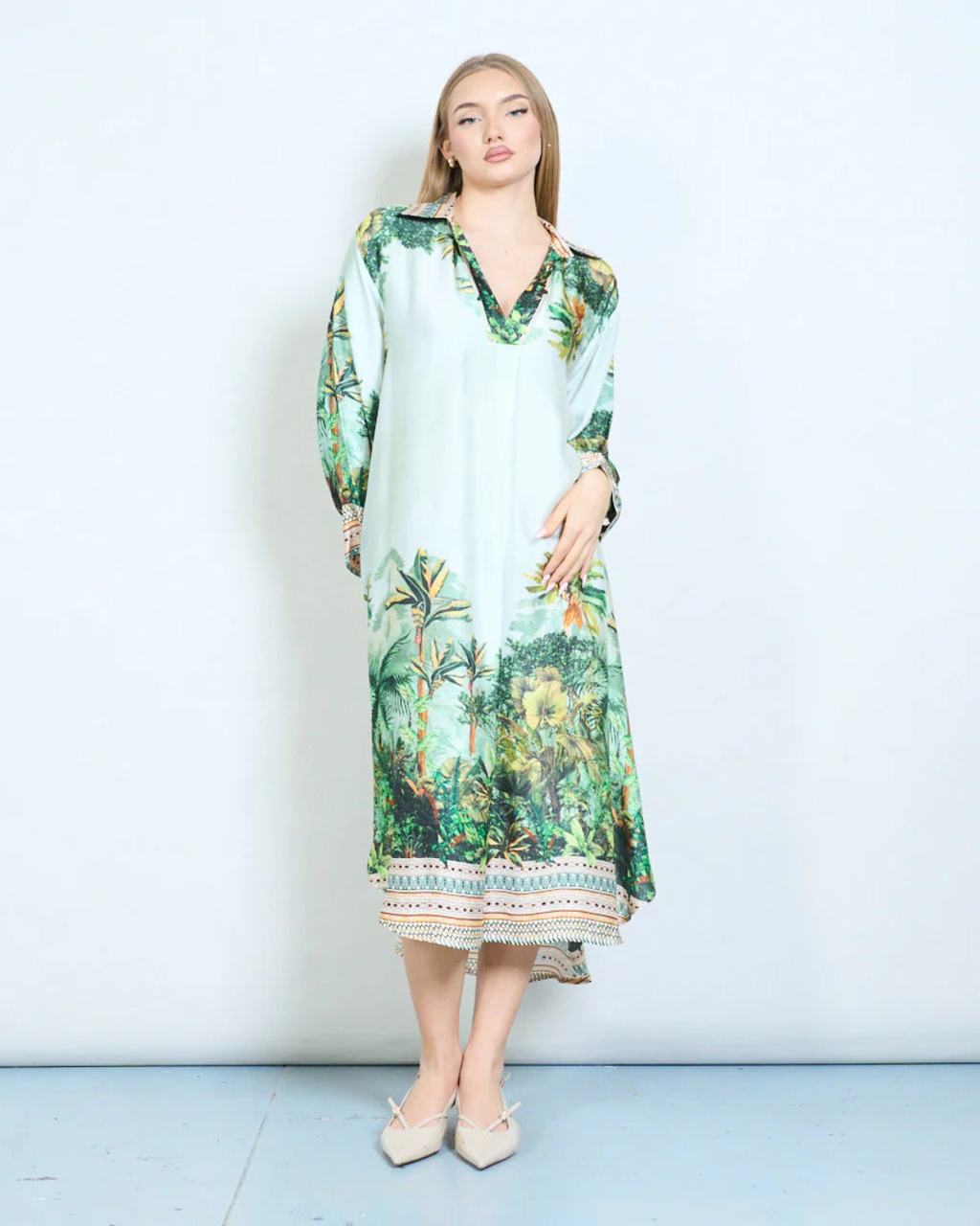 Italian Floral tropical v-neck dress (Green) OS
