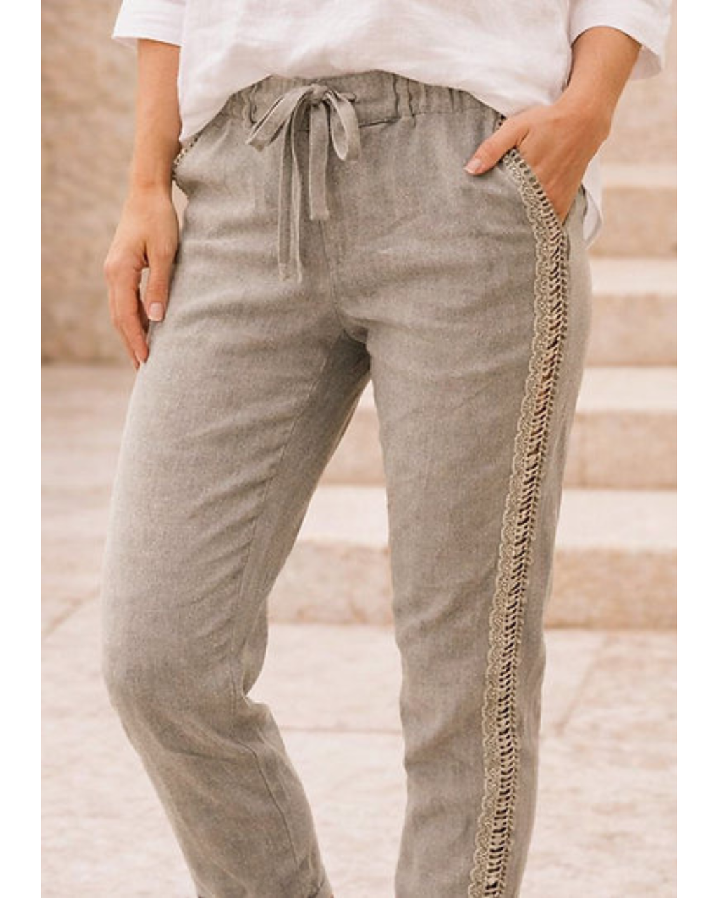 Italian Lace trim Magic Pants (Washed Light Khaki) OS