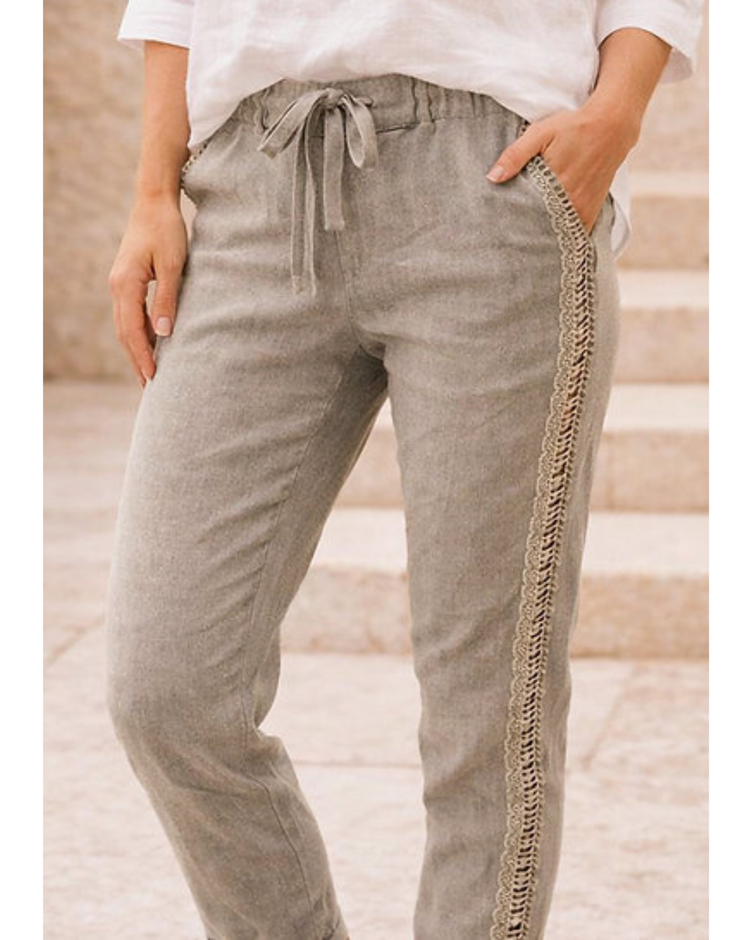 Italian Lace trim Magic Pants (Washed Light Khaki) OS
