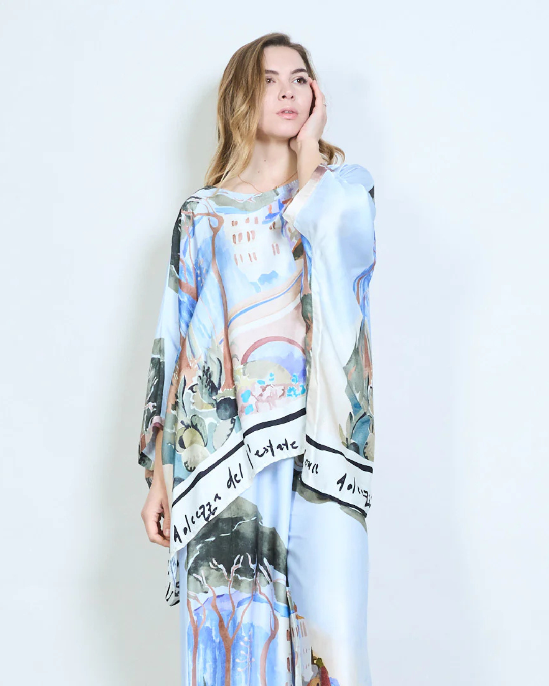 Italian Silk/Satin Landscape Print Top (Blue) OS
