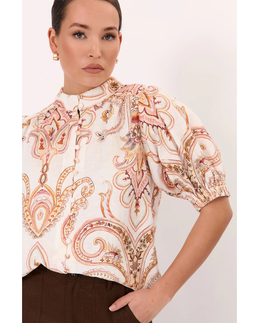 Lilian Short Sleeve Linen Top (Print)