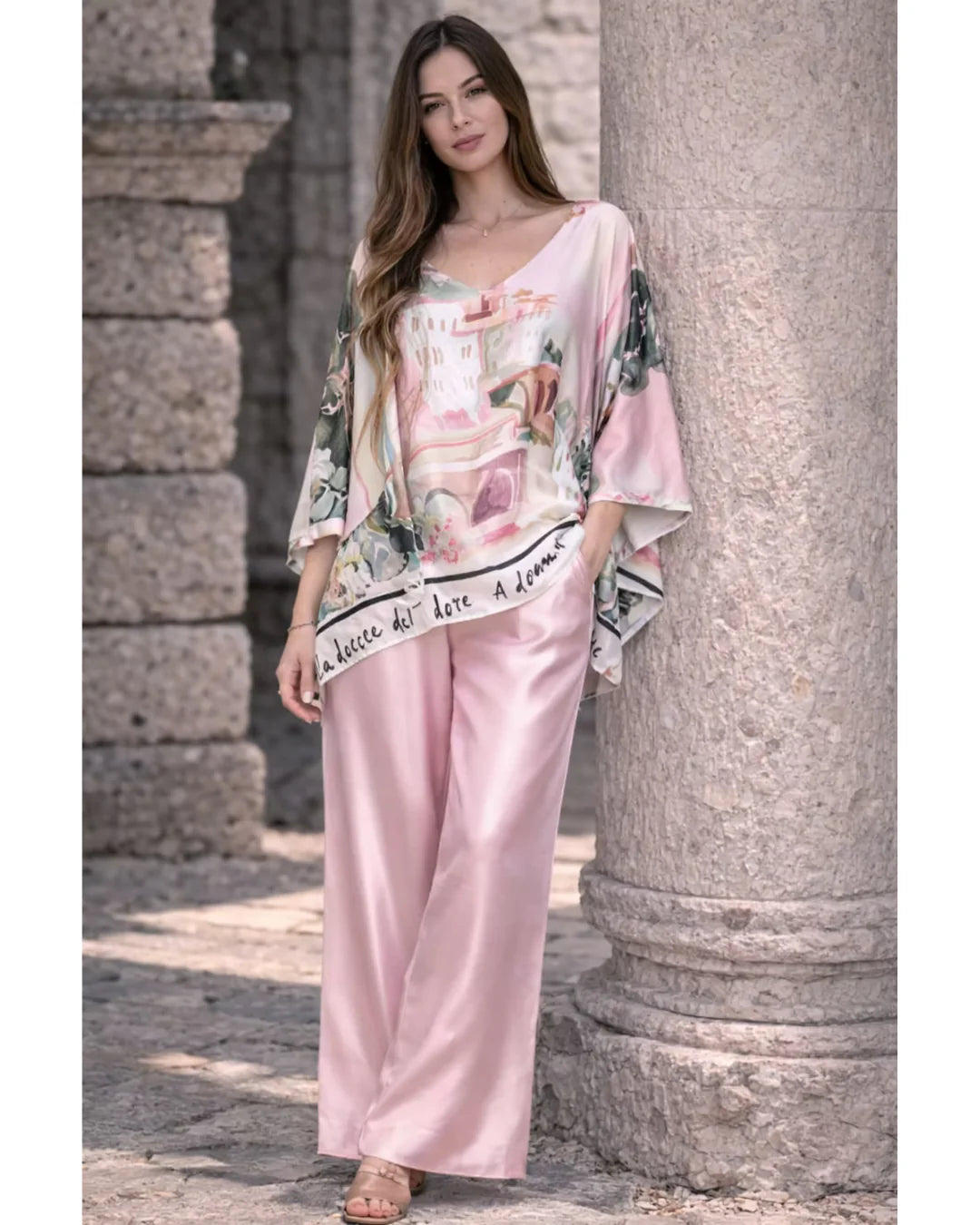 Italian Silk/Satin Landscape Print Top (Pink) OS