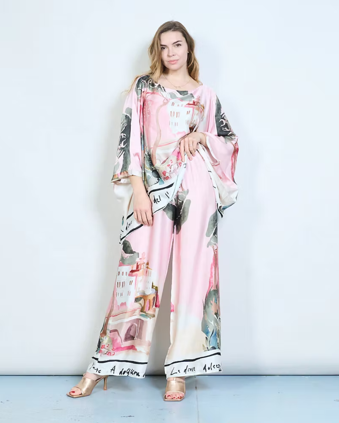 Italian Silk/Satin Landscape Print Top (Pink) OS