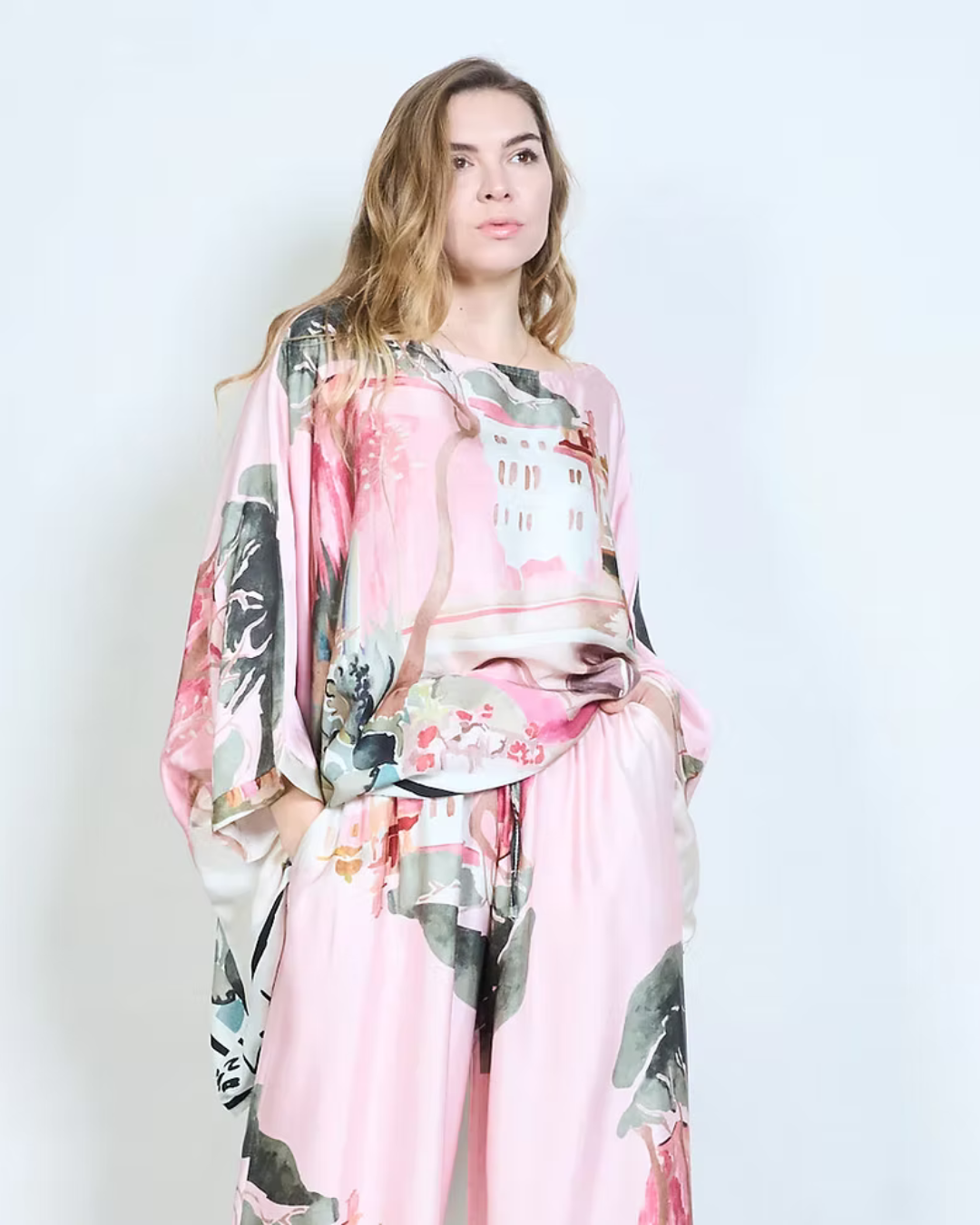 Italian Silk/Satin Landscape Print Top (Pink) OS