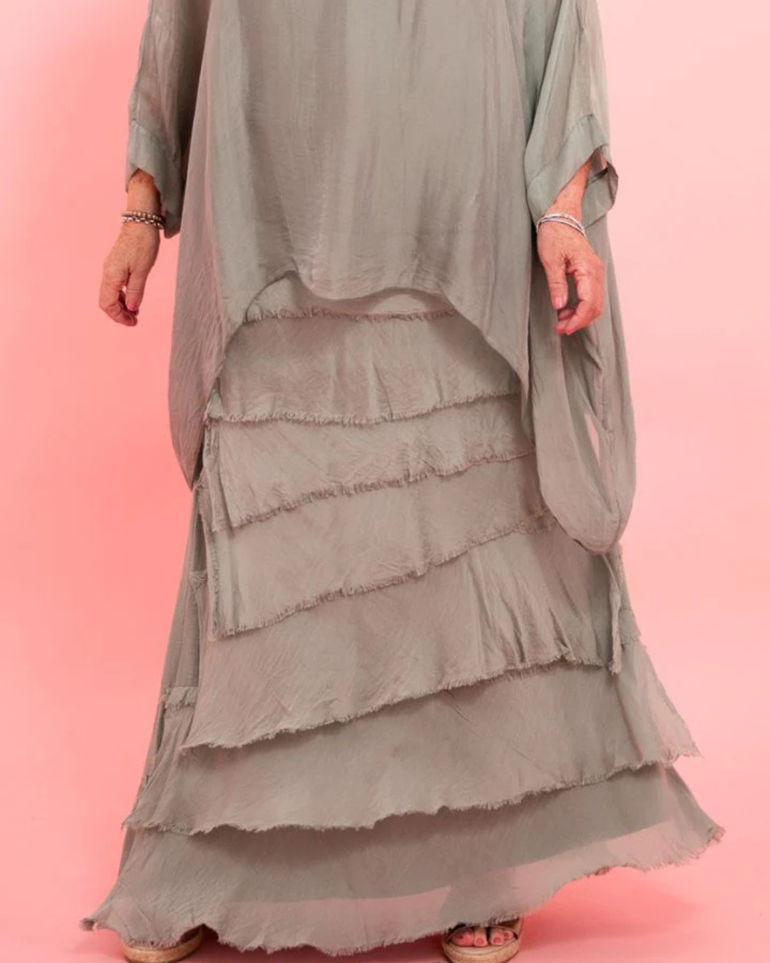 Catherine Frayed Silk Skirt (Olive) OS