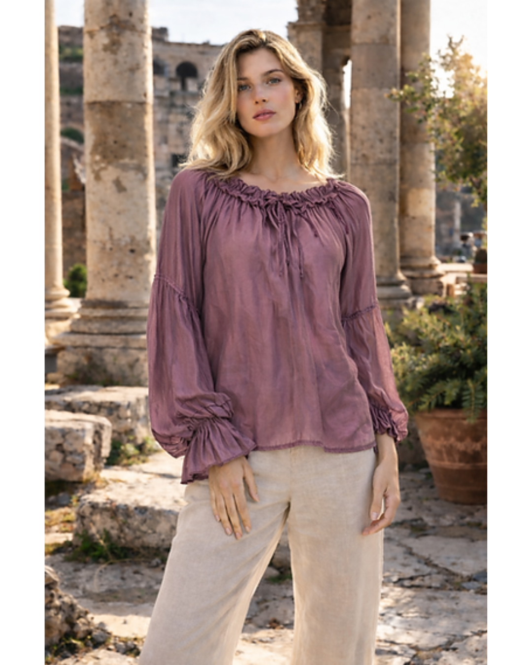 Italian Silk/Viscose Pleat Sleeve Top (Burgundy)