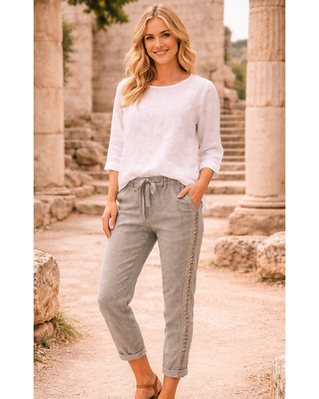 Italian Lace trim Magic Pants (Washed Light Khaki) OS