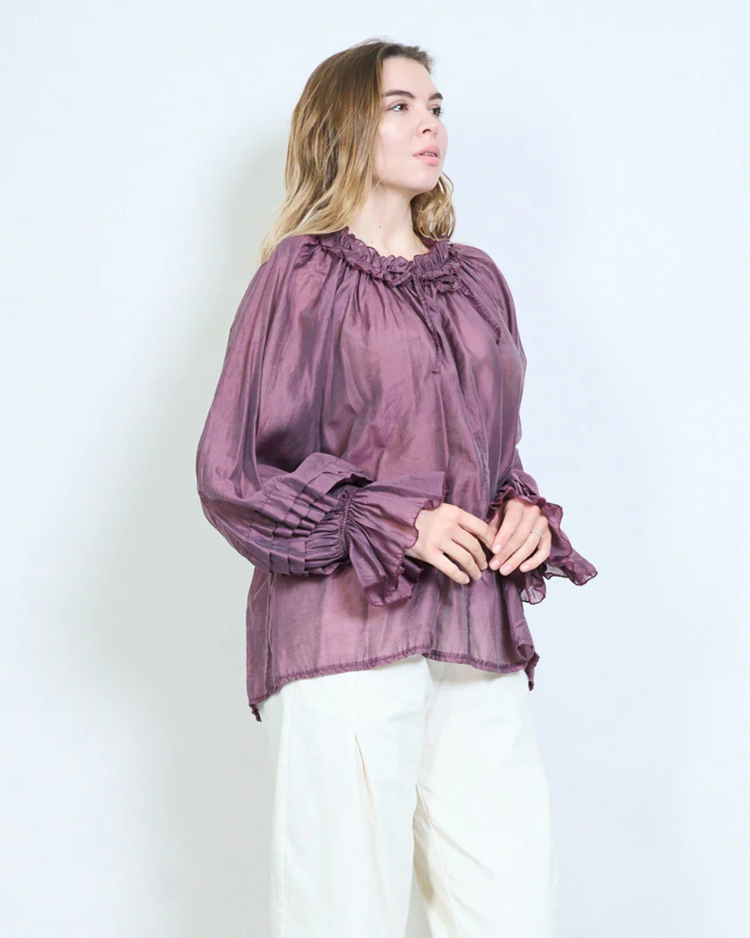Italian Silk/Viscose Pleat Sleeve Top (Burgundy)