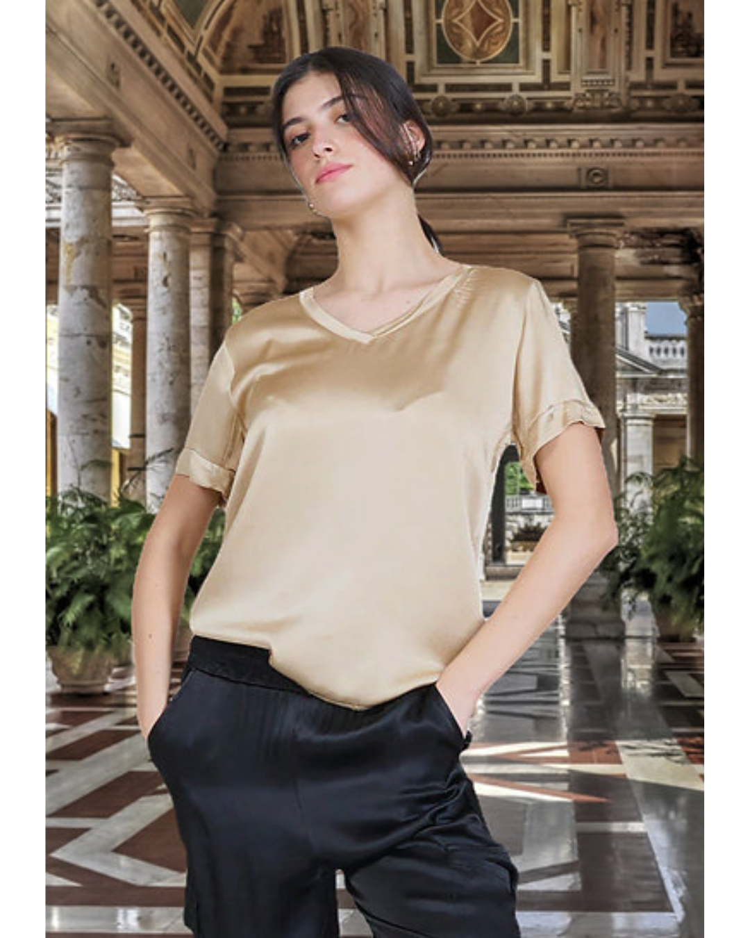 Italian V Neck Satin Top (Beige Gold)