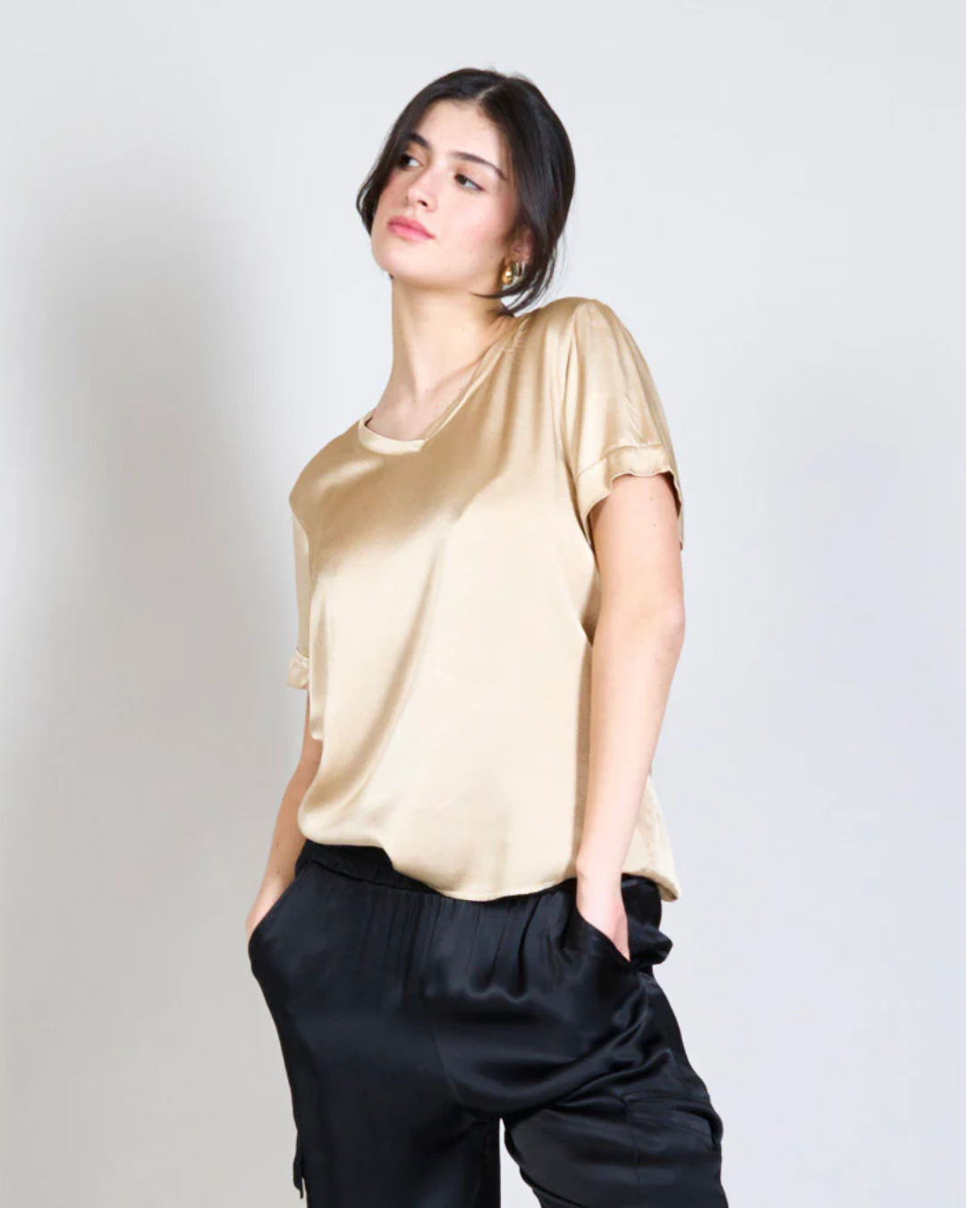 Italian V Neck Satin Top (Beige Gold)