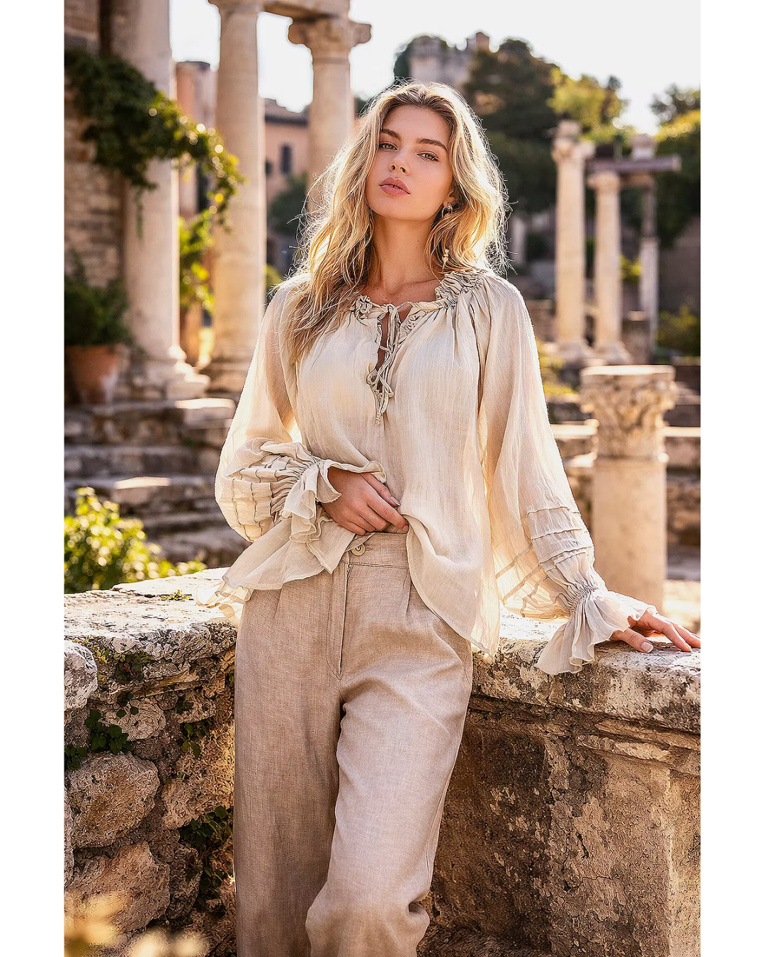 Italian Silk/Viscose Pleat Sleeve Top (Beige)