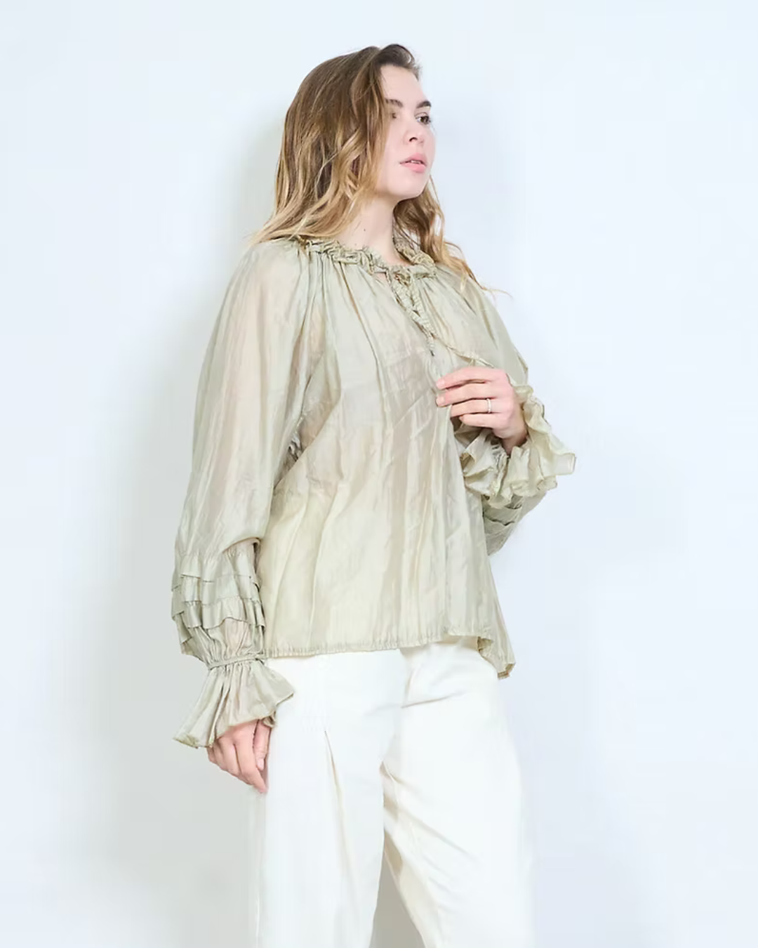 Italian Silk/Viscose Pleat Sleeve Top (Beige)
