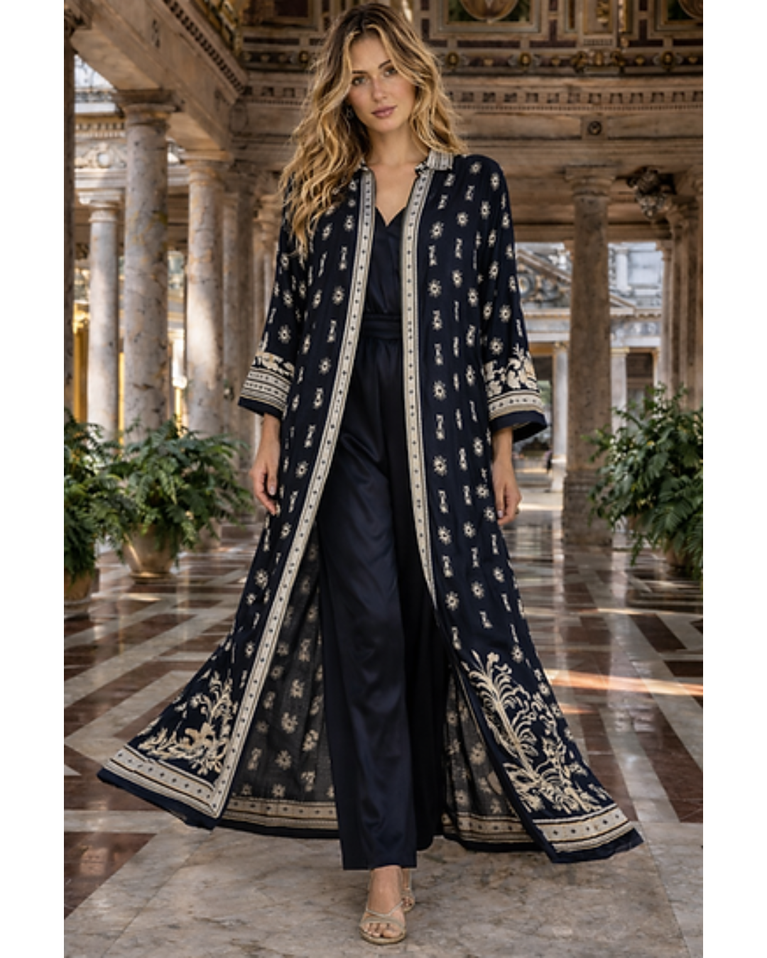 Italian Silk/Viscose Baroque Print Long Shirt Dress Jacket (Black)