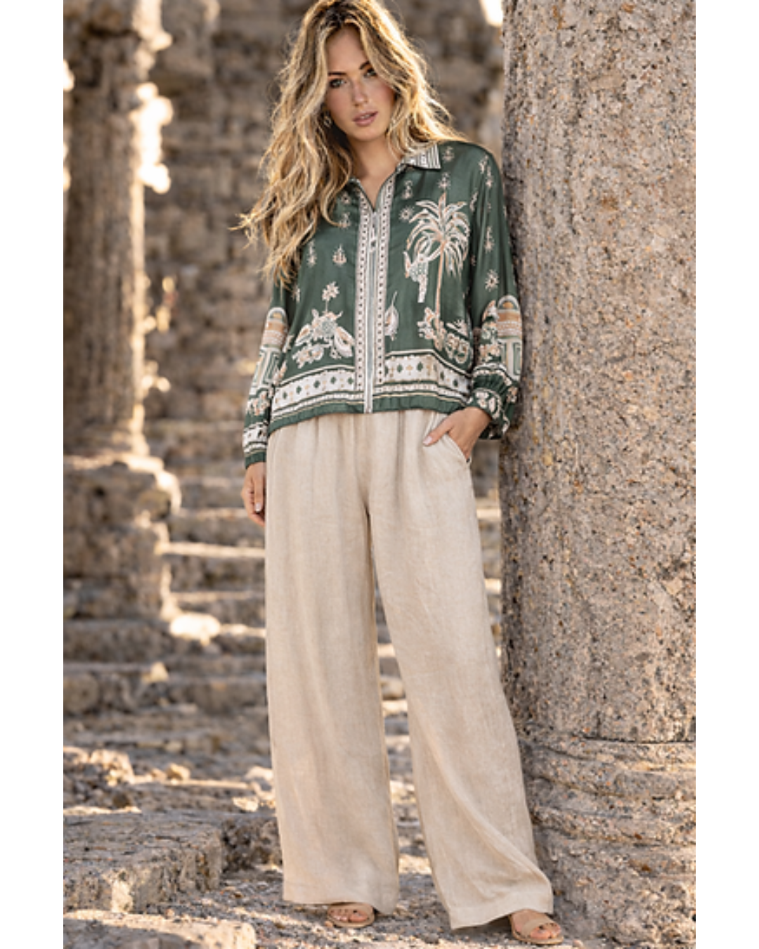 Italian Silk/Viscose baroque Print Zip Jacket (Green Cream) OS