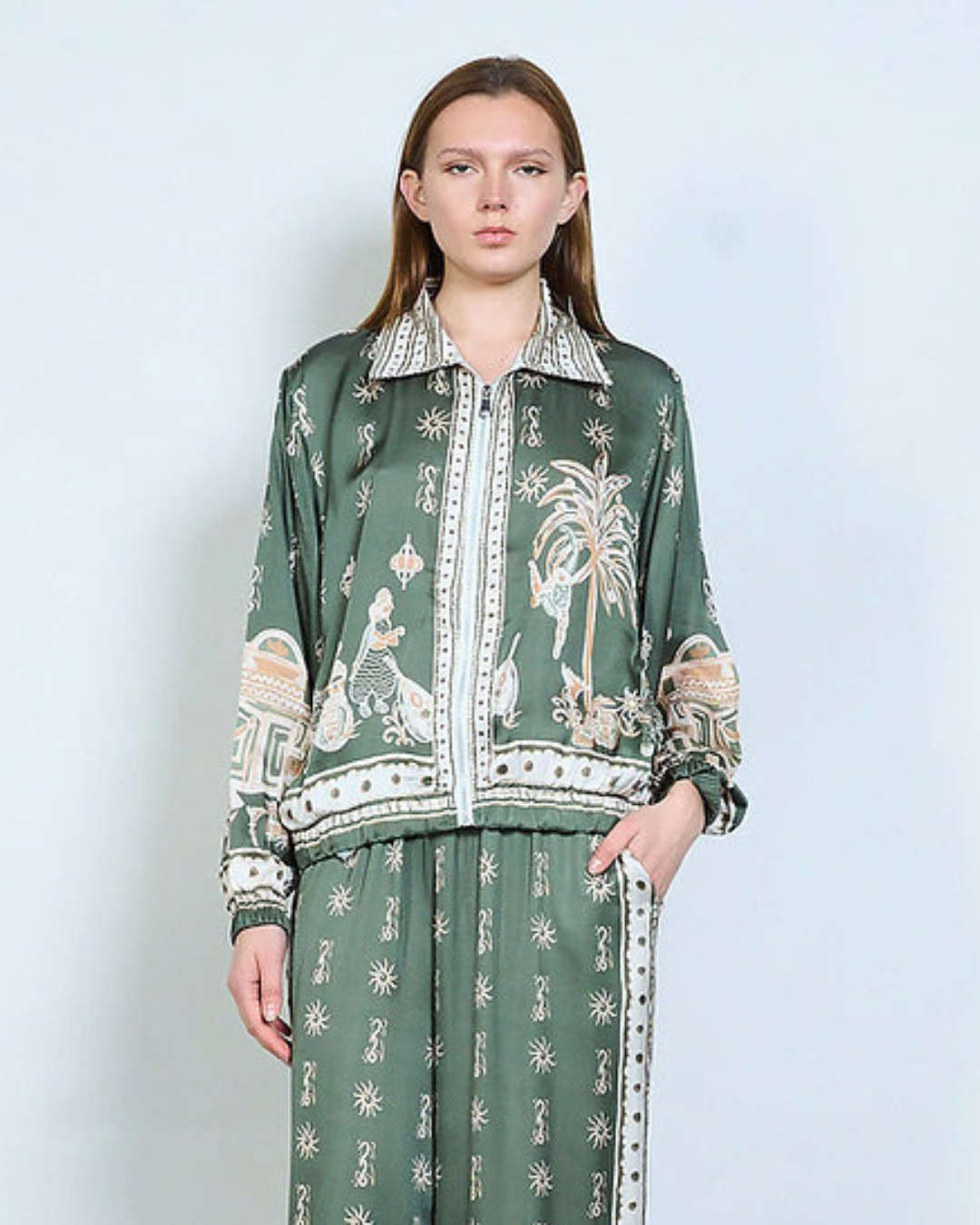 Italian Silk/Viscose baroque Print Zip Jacket (Green Cream) OS