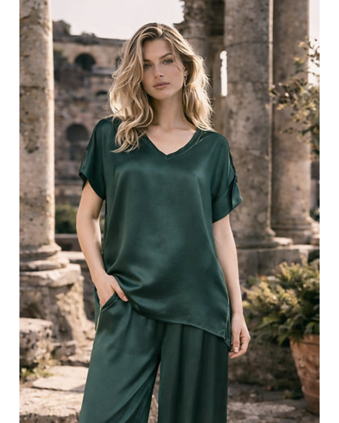 Italian V Neck Satin Top (Green)