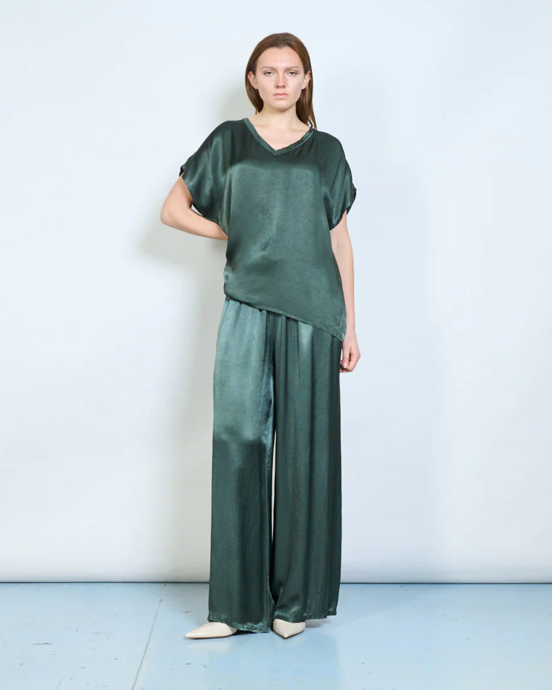 Italian V Neck Satin Top (Green)