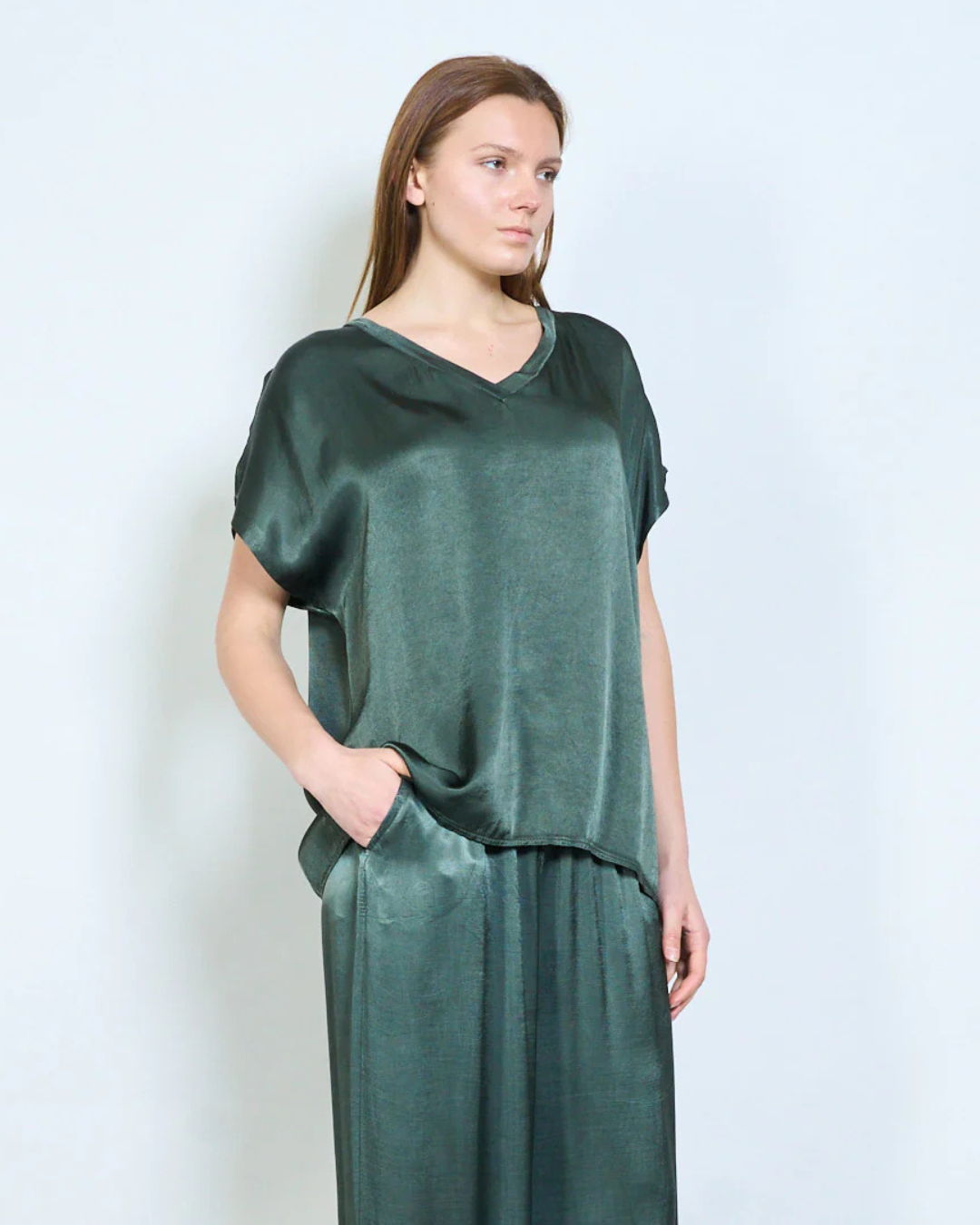 Italian V Neck Satin Top (Green)