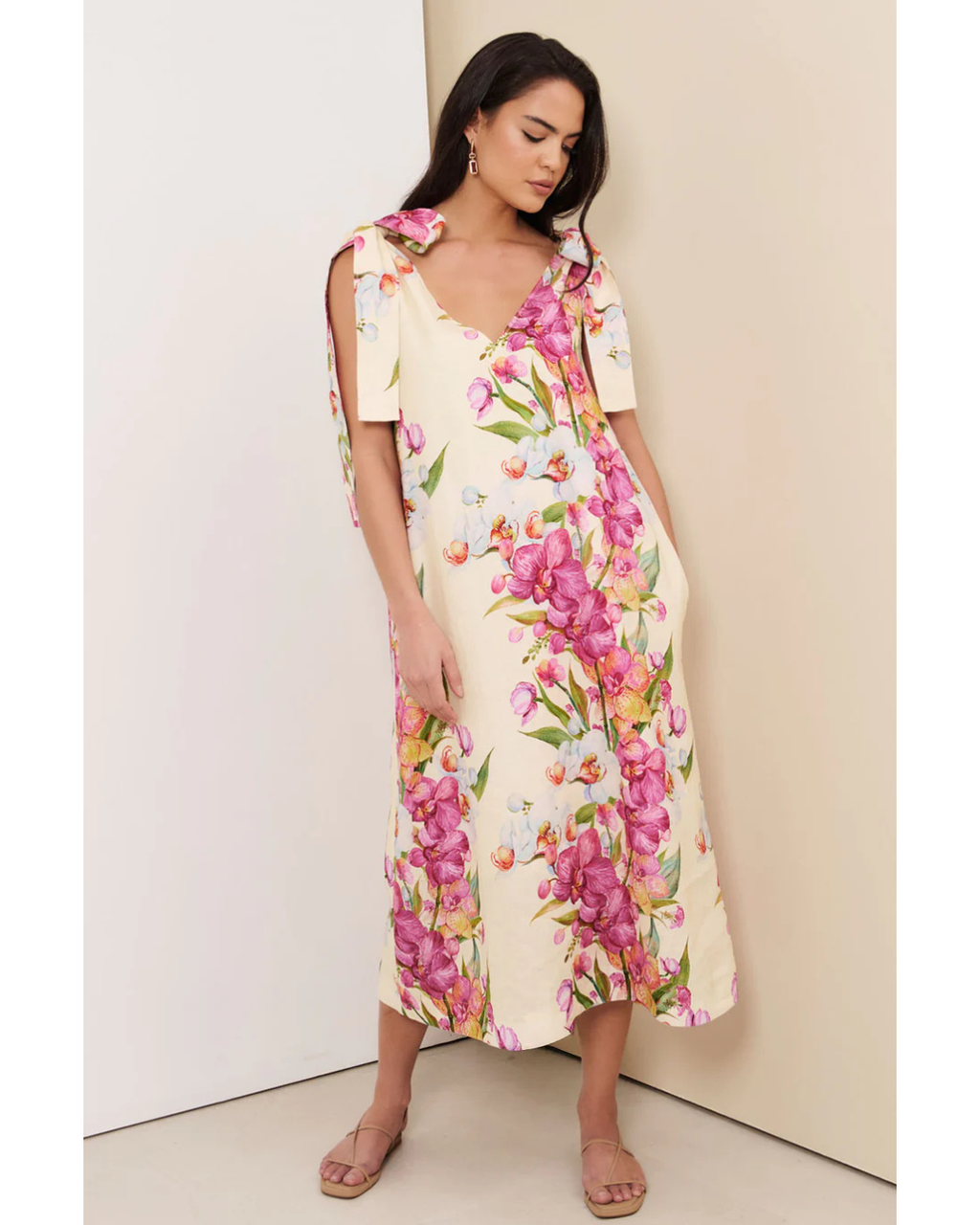 Hallie Tie Shoulder Linen Dress (Print)