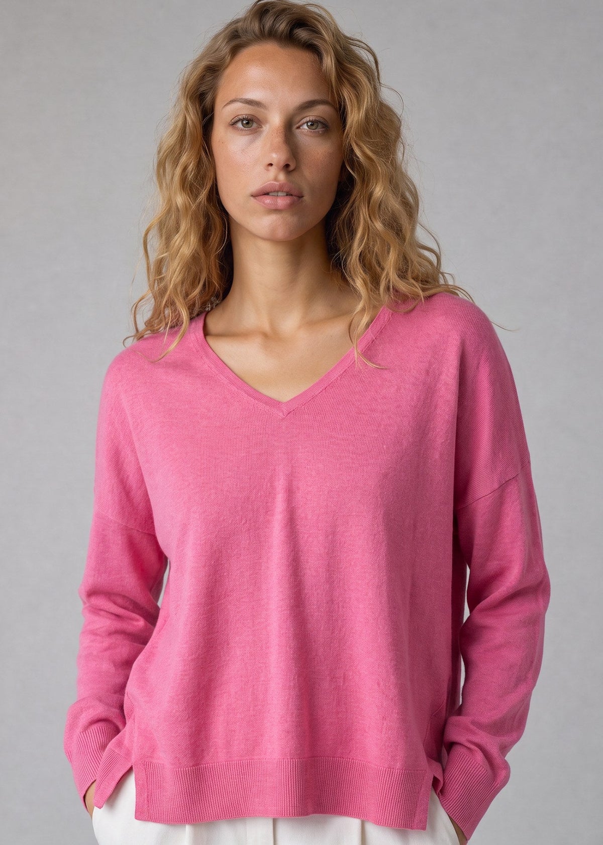 Aleger The V Sweater in Berry, worn