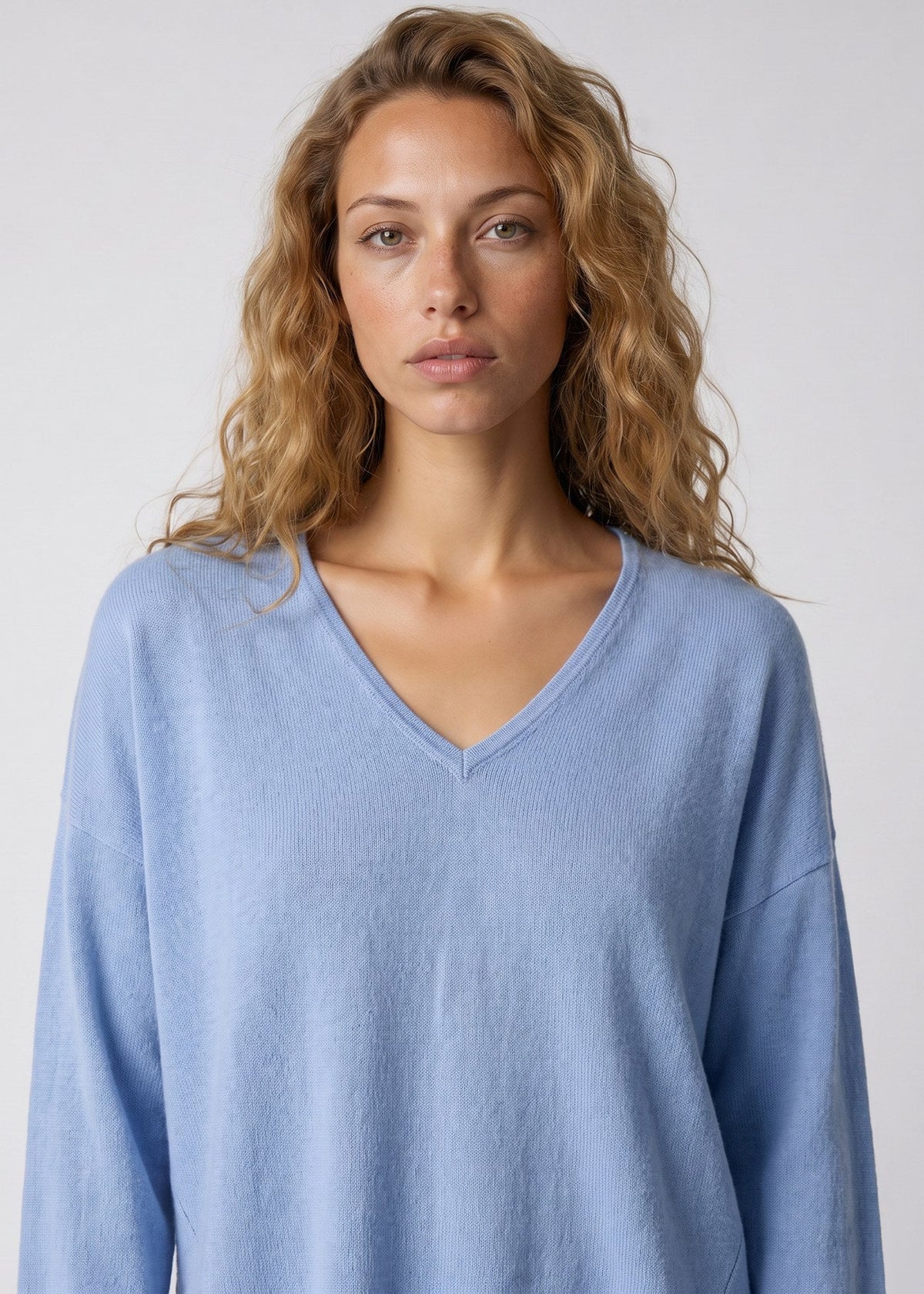 Aleger The V Sweater in Best Blue, worn