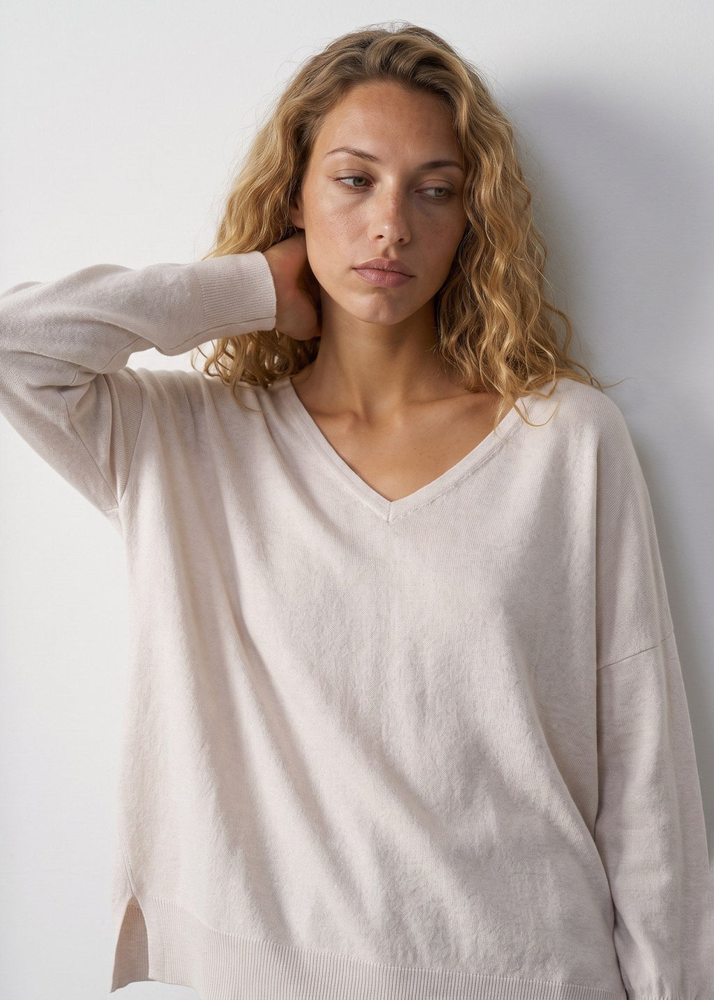 Aleger The V Sweater in Ivory, worn