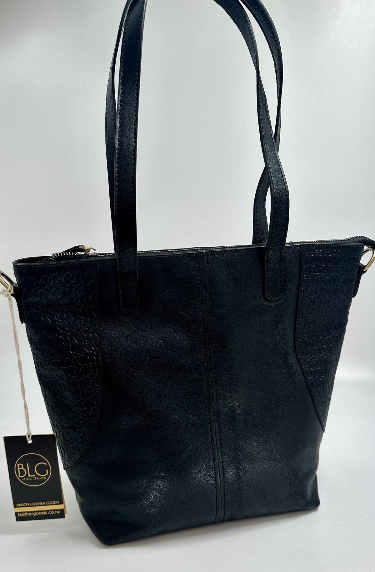 Baron Embossed Heritage Tote in Black leather, side