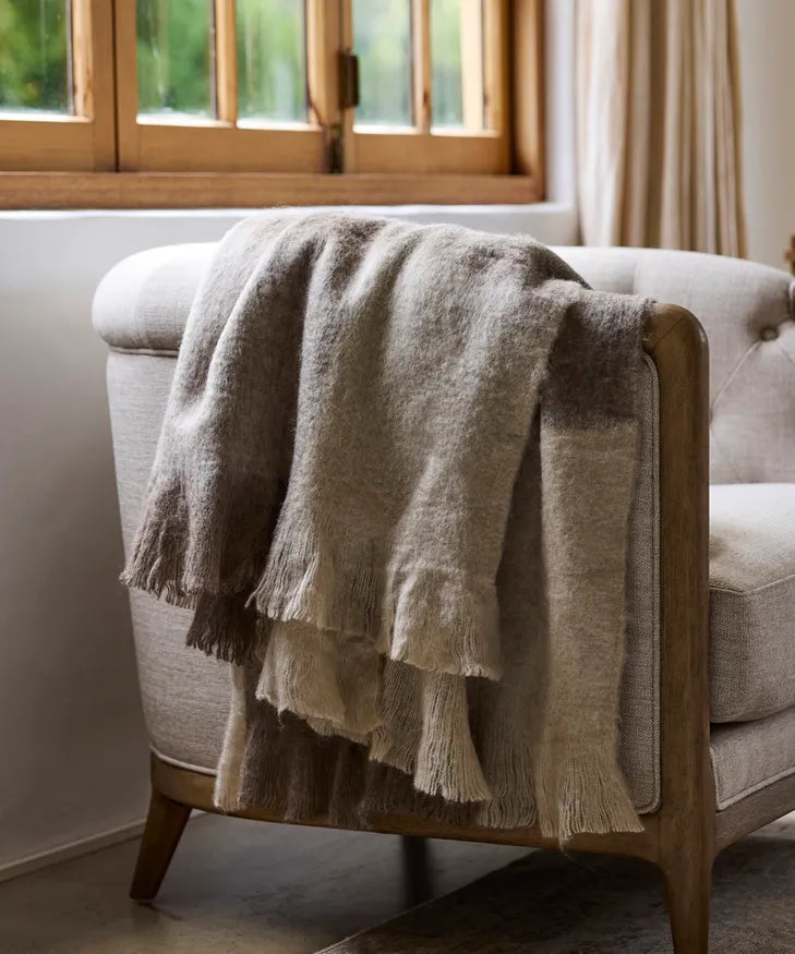 French Country - Beige Brown Plaid Fringe Throw