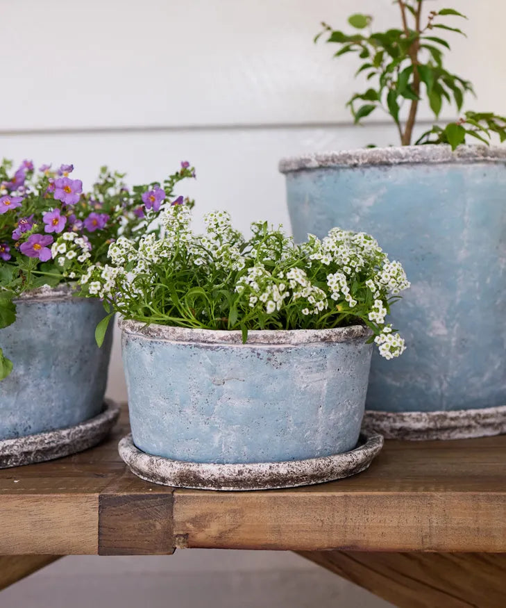 Wide Plant Pot & Saucer Small (Sea Blue)