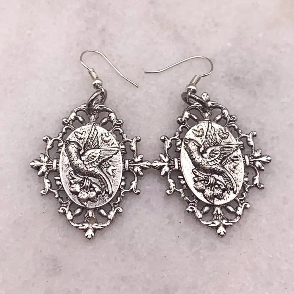 Ghost and Lola Sky Whisperer Earrings, antique silver carved bird cameo pair
