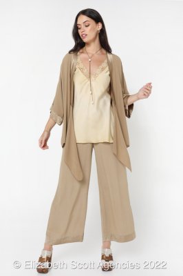 Viscose Pants With Satin Trim and Woven Waistband (Stone)