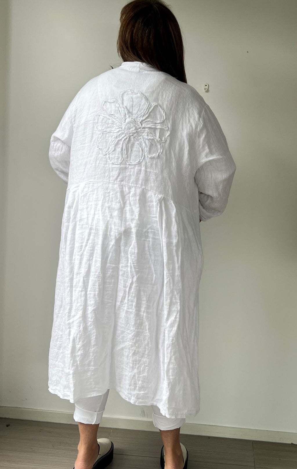 Lilliano -  Italian Long Linen Embroided Flower Motiff on Back (White)