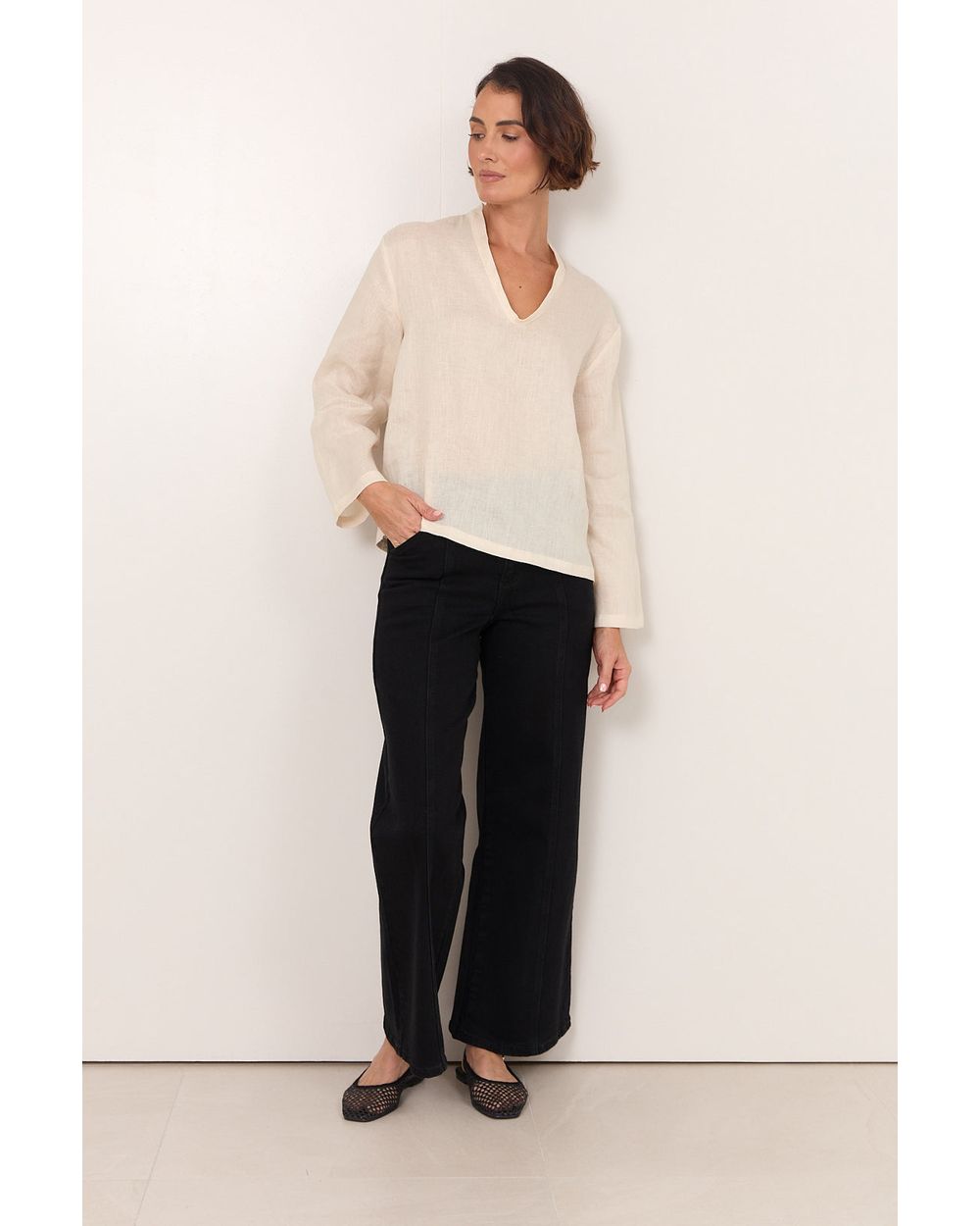 Adorne Luka Lightweight Linen Top in Cream