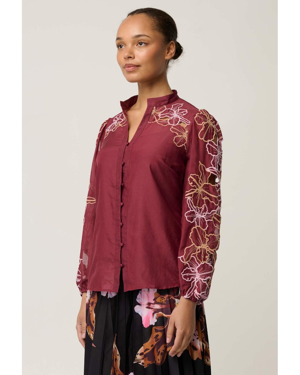 Maren Embroidered Cotton Silk Blouse (Garnet Orchid)